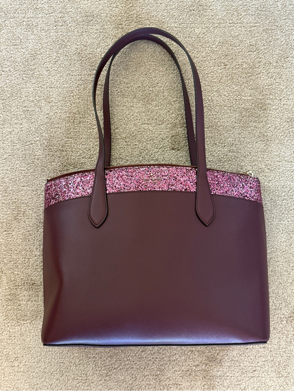 The Kate Spade Flash Glitter Large Leather Satchel Tote in Cherrywood
